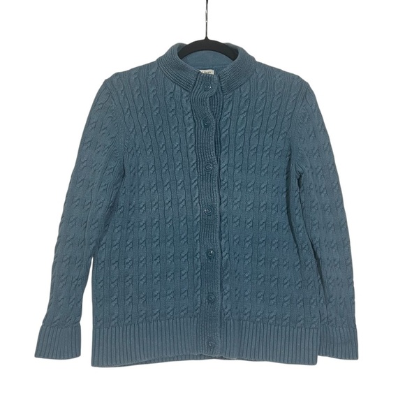 L.L. Bean Rope Cardigan Button Down Blue Cable Knit Size MP Cotton Classic Prep - Picture 1 of 8